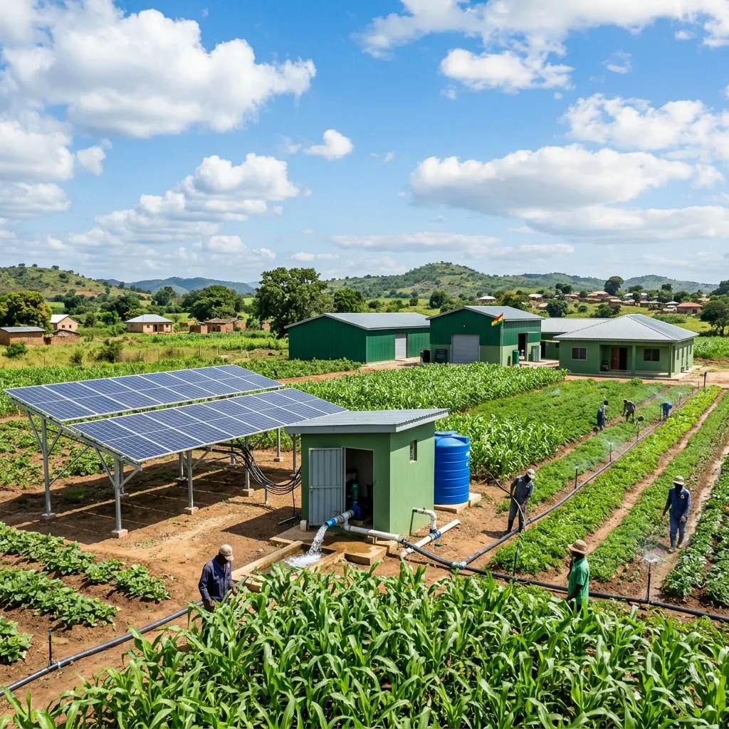 Eco-friendly agricultural barns and solar water station on a farm