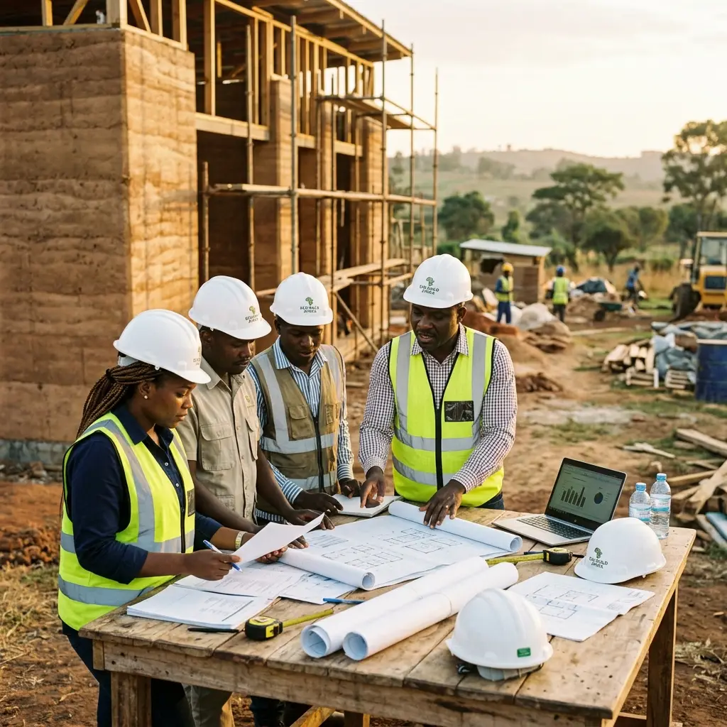 EcoNova Africa team reviewing sustainable structural plans on site