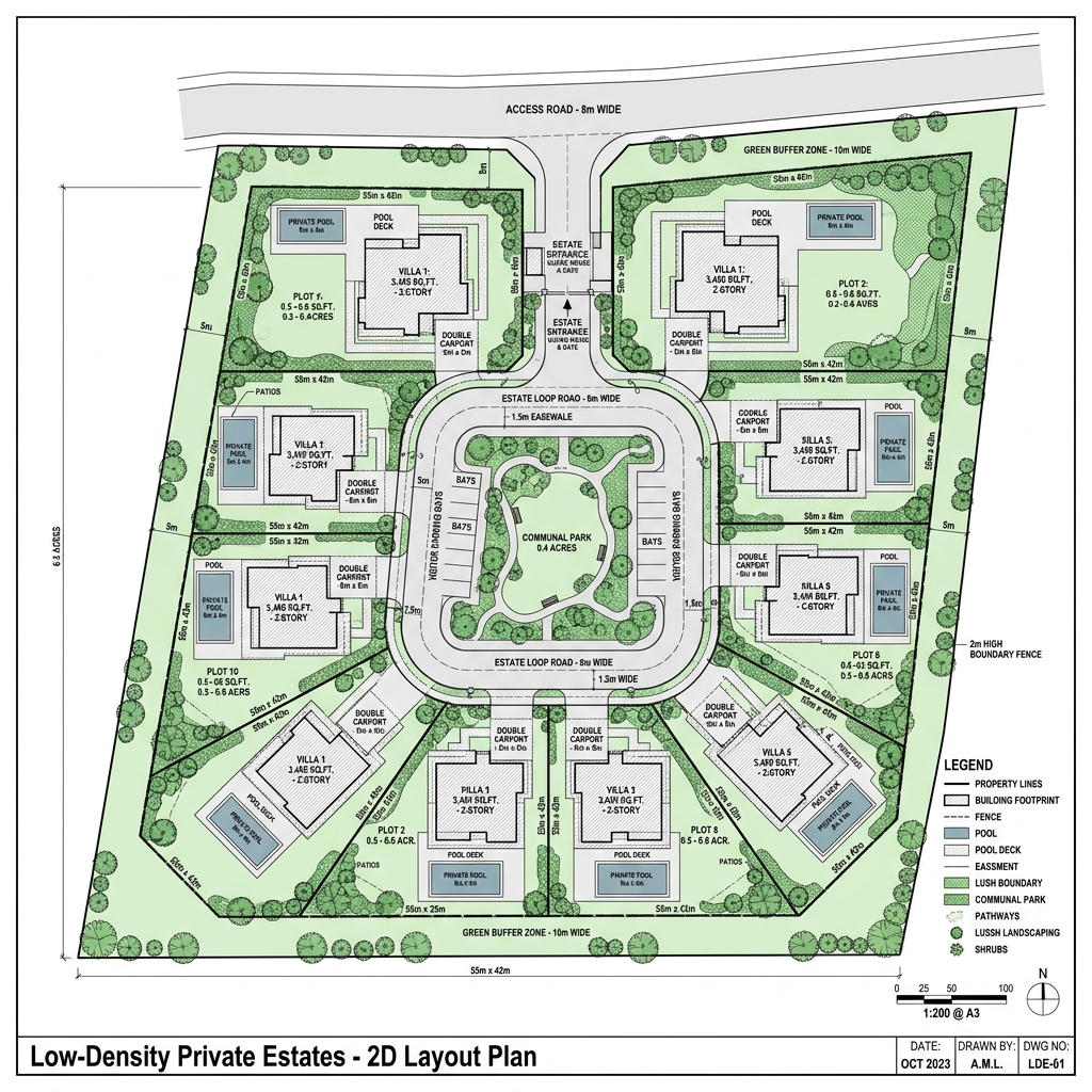 2D site layout blueprint map of Option A Low-Density Eco-Luxury Estate showing individual residential plots and private pool placements