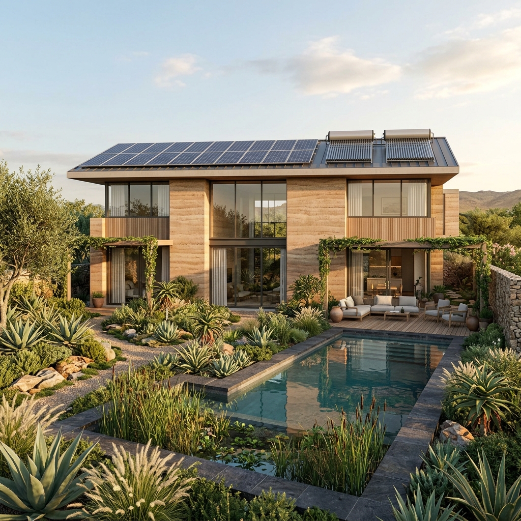 3D rendering of Option A Low-Density Eco-Luxury Estate with detached villas, private pool, and solar panel roofing