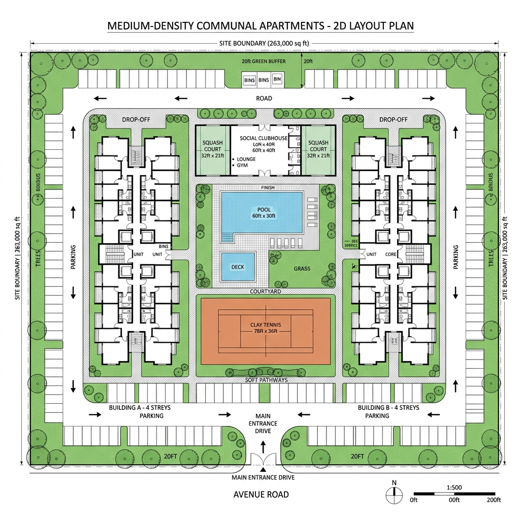2D site layout blueprint map of Option B Medium-Density Eco-Apartments showing building footprints and shared sports layouts