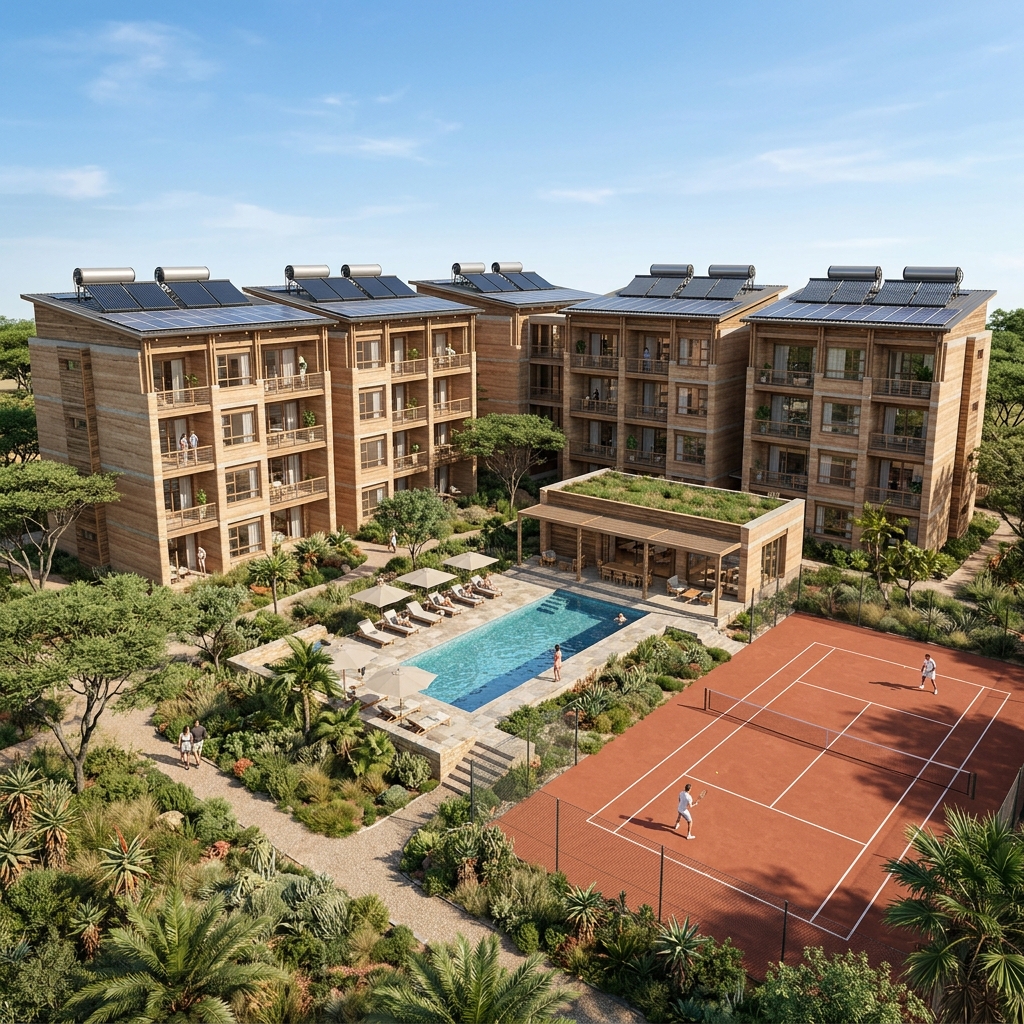 3D rendering of Option B Medium-Density Eco-Apartments with multi-story buildings, communal pool, and squash courts