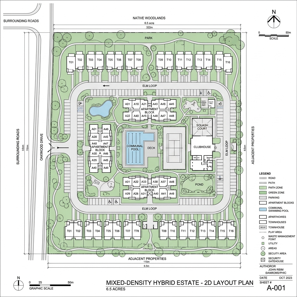 2D site layout blueprint map of Option C Mixed-Density Eco-Estate showing residential zoning, road loop, and central clubhouse
