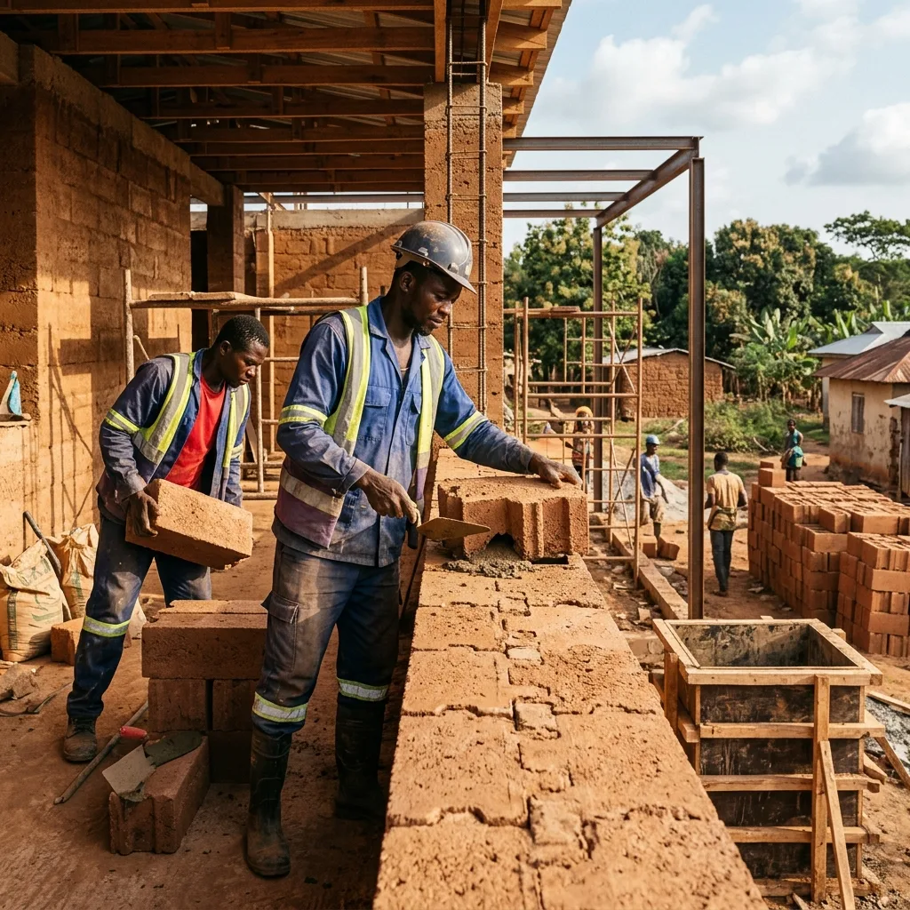 Interlocking Stabilized Soil Blocks masonry wall under construction