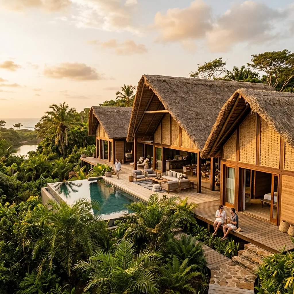 Raffia palm thatch roof and ceiling panel design on resort cabana