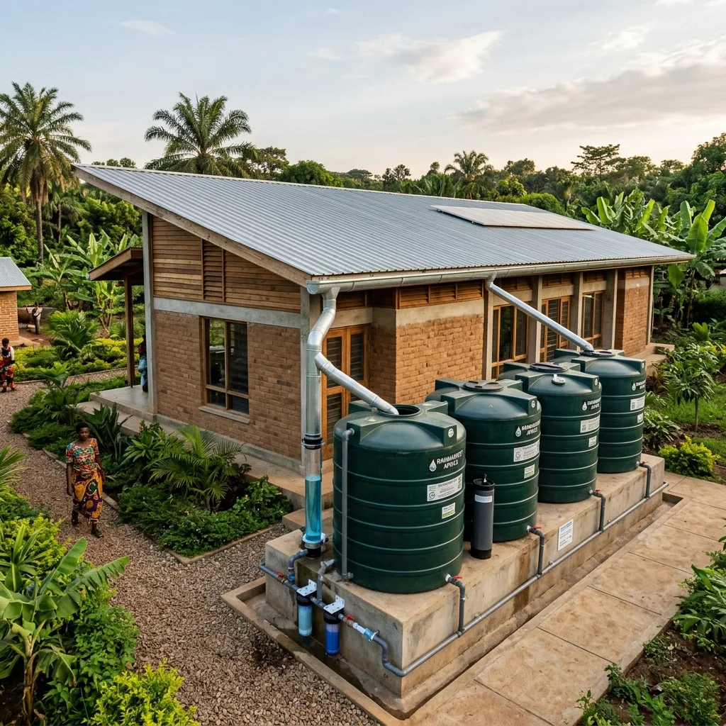 Rainwater harvesting tanks and gutter capture system on modern villa