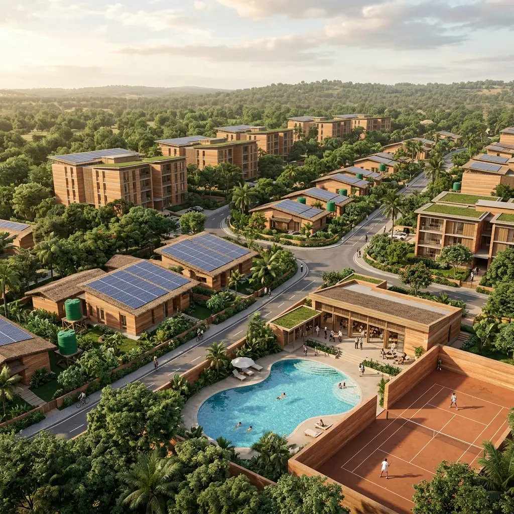 Architectural rendering of an EcoNova Sustainable Estate with rammed earth structures, swimming pool, and solar-equipped homes