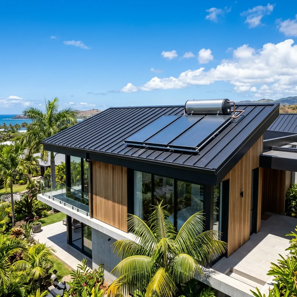 Solar geyser thermosiphon system on modern building roof